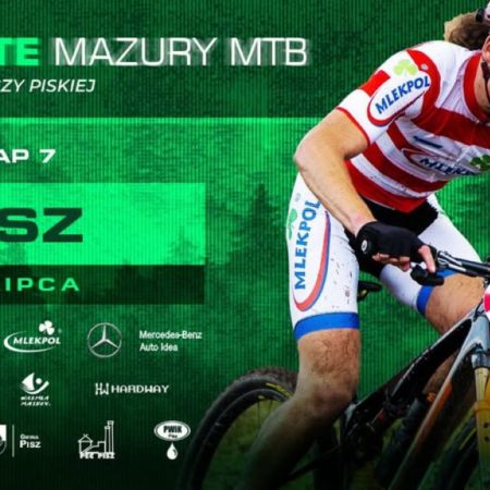 Plakat zapraszający w niedzielę 13 lipca 2025 r. do Pisza na Łaciate Mazury MTB Etap 7 “Serce Puszczy Piskiej” Pisz 2025.