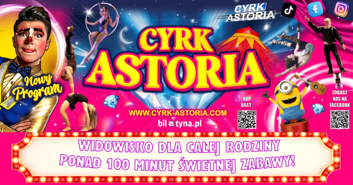 Plakat zapraszający na występ Cyrku Astoria „Arena Cudów” 2025. 