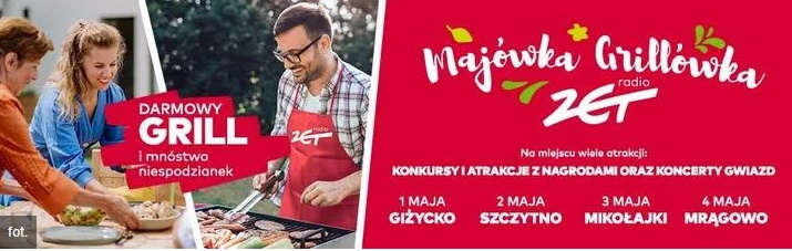 Plakat zapraszający na Majówkę-Grillówkę Radia ZET na Mazurach 2025.