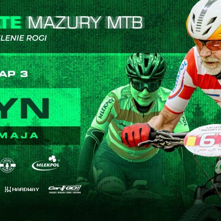 Plakat zapraszający w niedzielę 25 maja 2025 r. do Rynu na Etap 3 wyścigu Łaciate Mazury MTB “Wyścig o Jelenie Rogi” Ryn 2025.