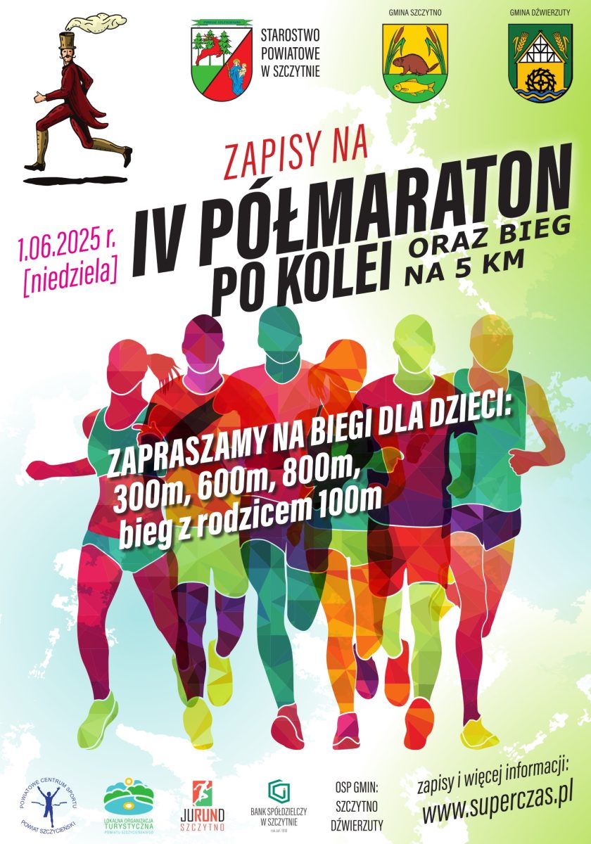 Plakat zapraszający w niedzielę 1 czerwca 2025 r. do miejscowości Lemany k. Szczytna na 4. edycję Półmaratonu Po Kolei Szczytno 2025.