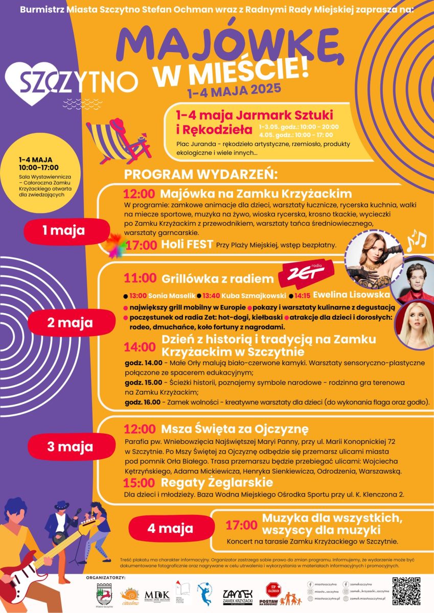 Plakat zapraszający w dniach 1-4 maja 2025 r. do Szczytna na Majówkę w Mieście Szczytno 2025.