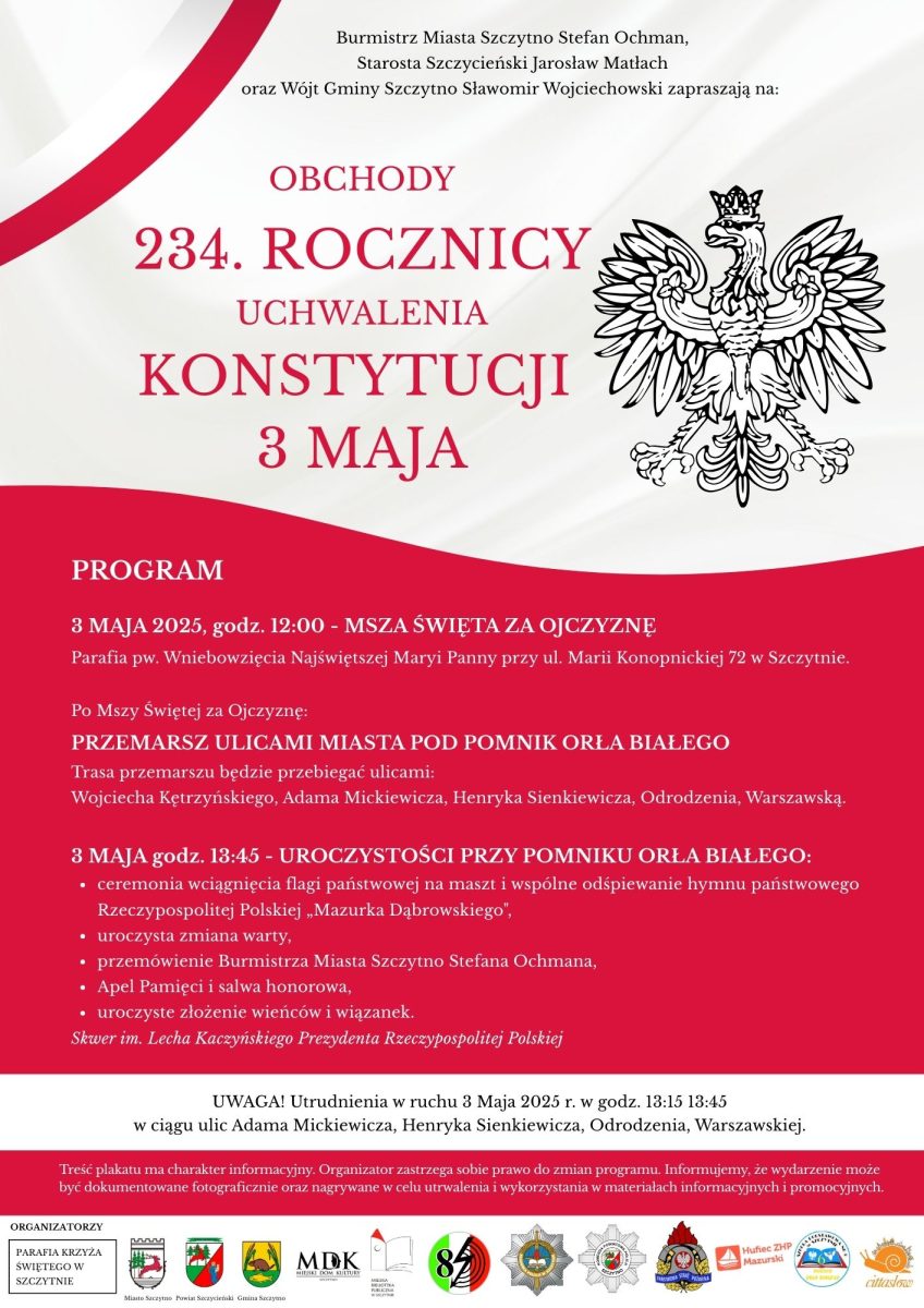 Plakat zapraszający w dniach 1-4 maja 2025 r. do Szczytna na Majówkę w Mieście Szczytno 2025.