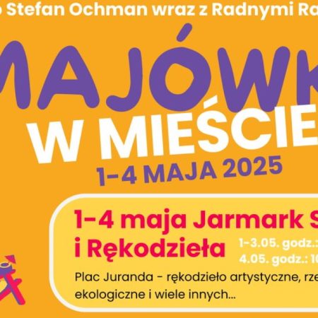 Plakat zapraszający w dniach 1-4 maja 2025 r. do Szczytna na Majówkę w Mieście Szczytno 2025.