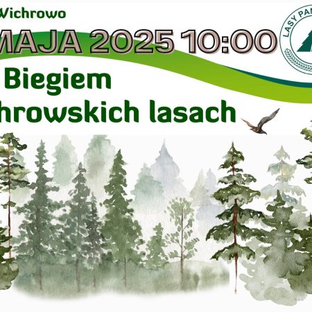 Plakat zapraszający w sobotę 24 maja 2025 r. do miejscowości Wichrowo k. Dobrego Miasta na 14. edycję Biegu Po Wichrowskich Lasach Wichrowo 2025.