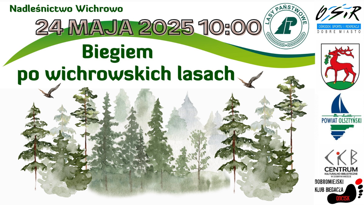 Plakat zapraszający w sobotę 24 maja 2025 r. do miejscowości Wichrowo k. Dobrego Miasta na 14. edycję Biegu Po Wichrowskich Lasach Wichrowo 2025.