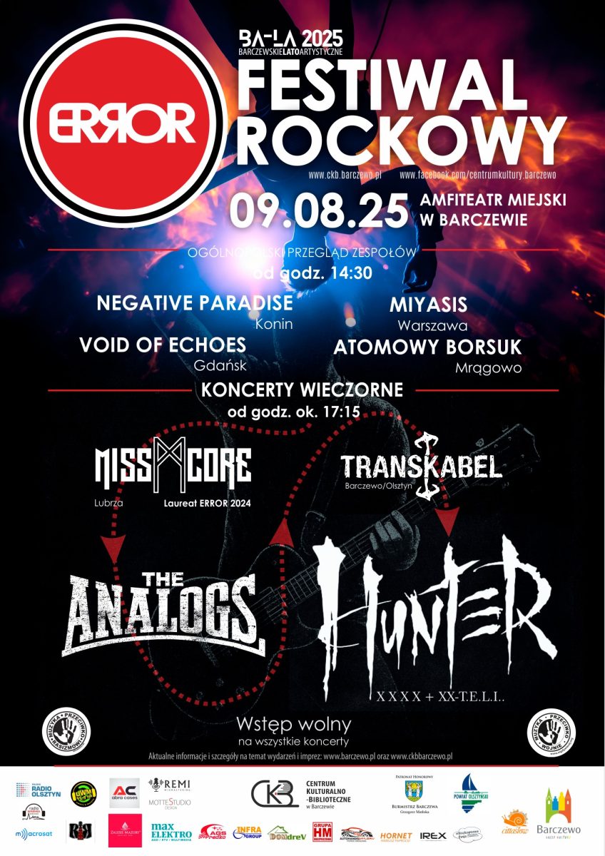 Plakat zapraszający w sobotę 9 sierpnia 2025 r. do Barczewa na kolejną edycję Festiwalu Rockowego ERROR Barczewo 2025. 