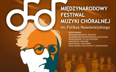Plakat zapraszający w dniach 5-7 czerwca 2025 r. do Barczewa na Międzynarodowy Festiwal Muzyki Chóralnej im. Feliksa Nowowiejskiego Barczewo 2025.
