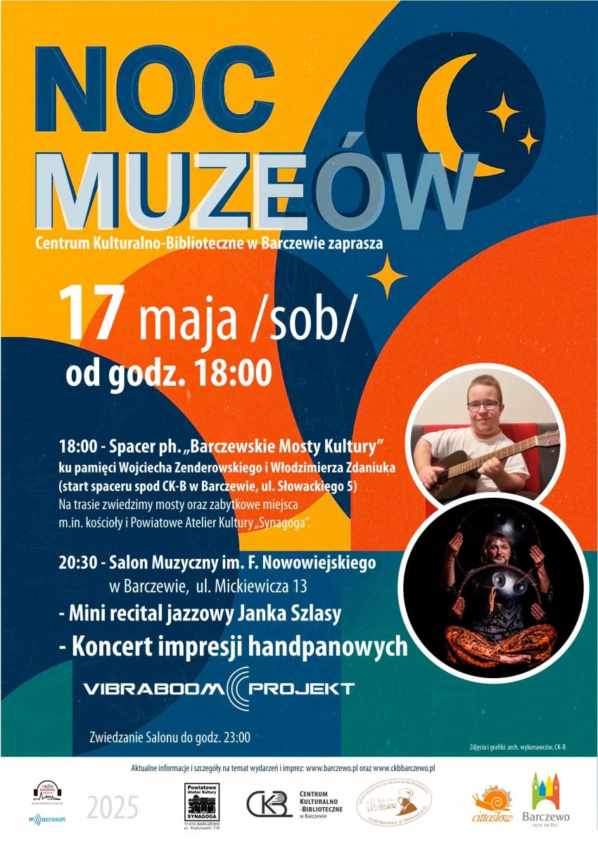 Plakat zapraszający w sobotę 17 maja 2025 r. do Barczewa na Noc Muzeów Barczewo 2025.