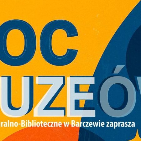 Plakat zapraszający w sobotę 17 maja 2025 r. do Barczewa na Noc Muzeów Barczewo 2025.
