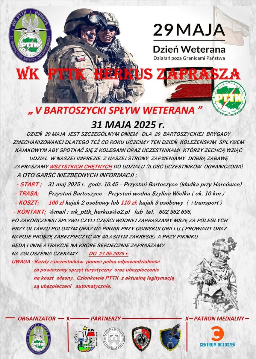Plakat zapraszający w sobotę 31 maja 2025 r. do Bartoszyc na 5. edycję Bartoszyckiego Spływu Weterana Bartoszyce 2025. 