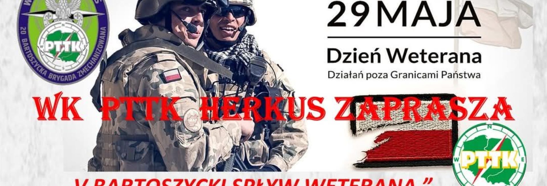 Plakat zapraszający w sobotę 31 maja 2025 r. do Bartoszyc na 5. edycję Bartoszyckiego Spływu Weterana Bartoszyce 2025.