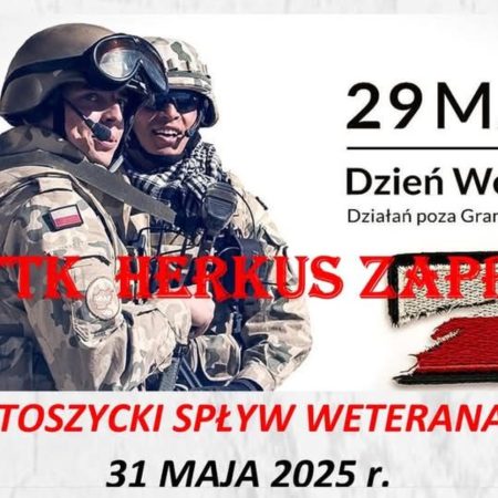 Plakat zapraszający w sobotę 31 maja 2025 r. do Bartoszyc na 5. edycję Bartoszyckiego Spływu Weterana Bartoszyce 2025.