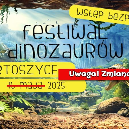 Plakat zapraszający w piątek 4 lipca 2025 r. do Bartoszyc na Festiwal Dinozaurów Bartoszyce 2025.