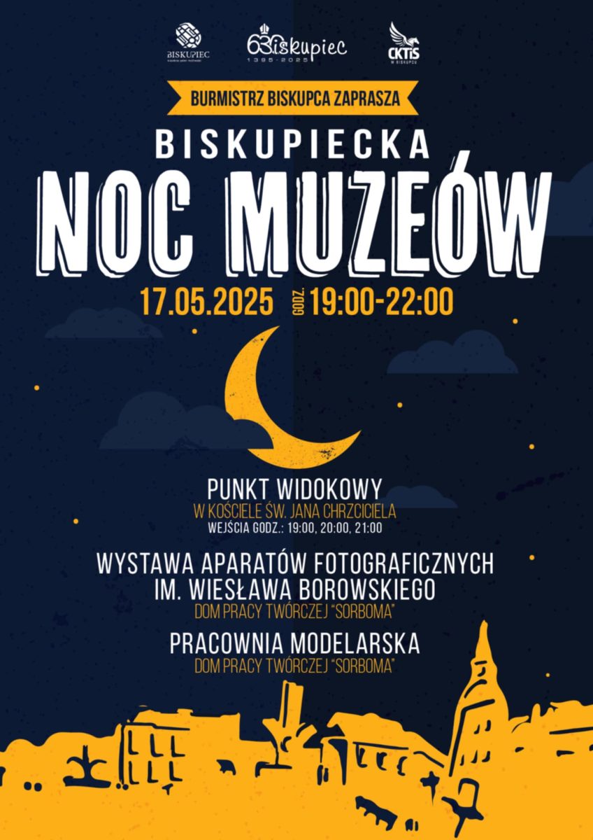 Plakat zapraszający w sobotę 17 maja 2025 r. do Biskupca na kolejną edycję imprezy Biskupiecka Noc Muzeów 2025. 