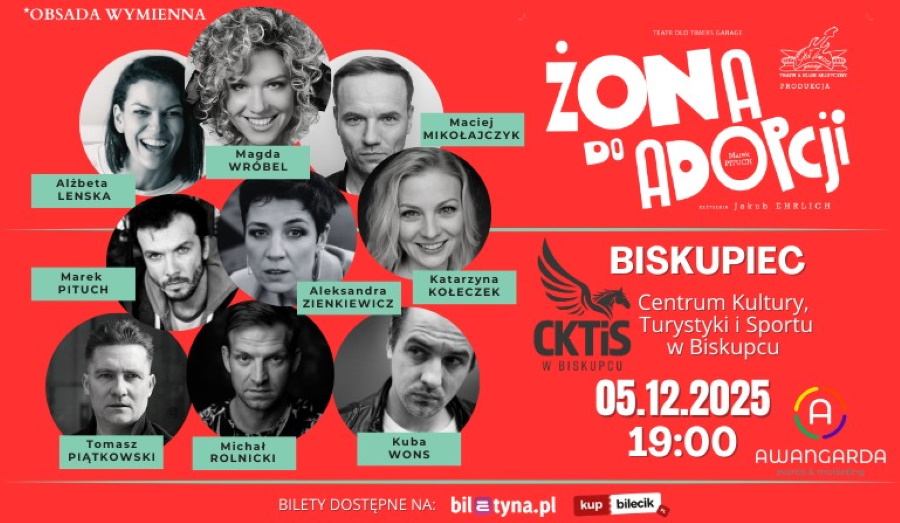 Plakat zapraszający w piątek 5 grudnia 2025 r. do Biskupca na spektakl komediowy "Żona do adopcji" Biskupiec 2025. 