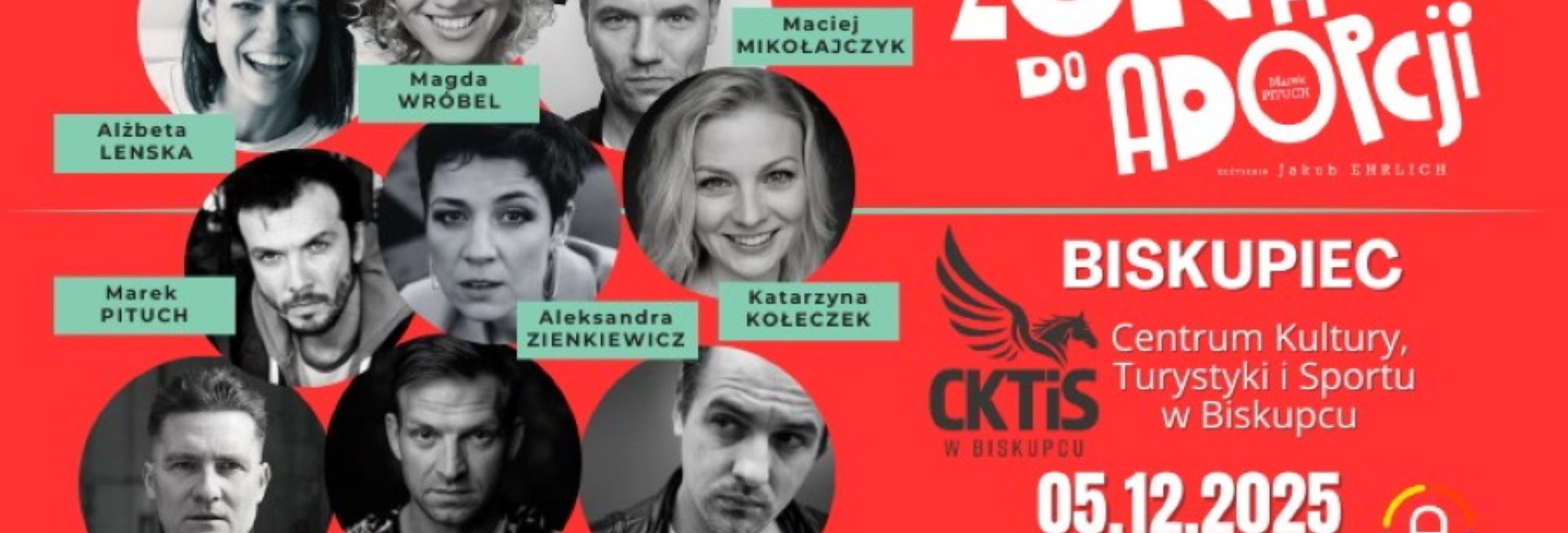 Plakat zapraszający w piątek 5 grudnia 2025 r. do Biskupca na spektakl komediowy "Żona do adopcji" Biskupiec 2025.