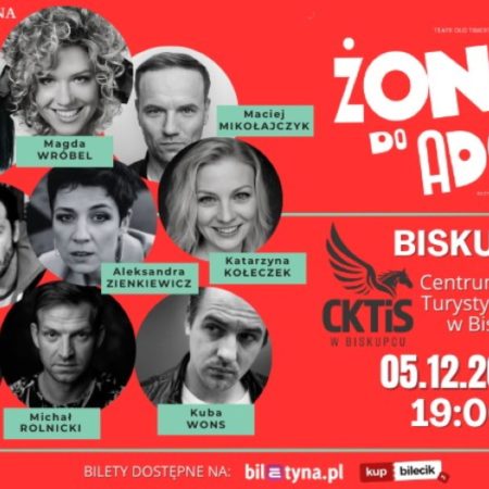 Plakat zapraszający w piątek 5 grudnia 2025 r. do Biskupca na spektakl komediowy "Żona do adopcji" Biskupiec 2025.