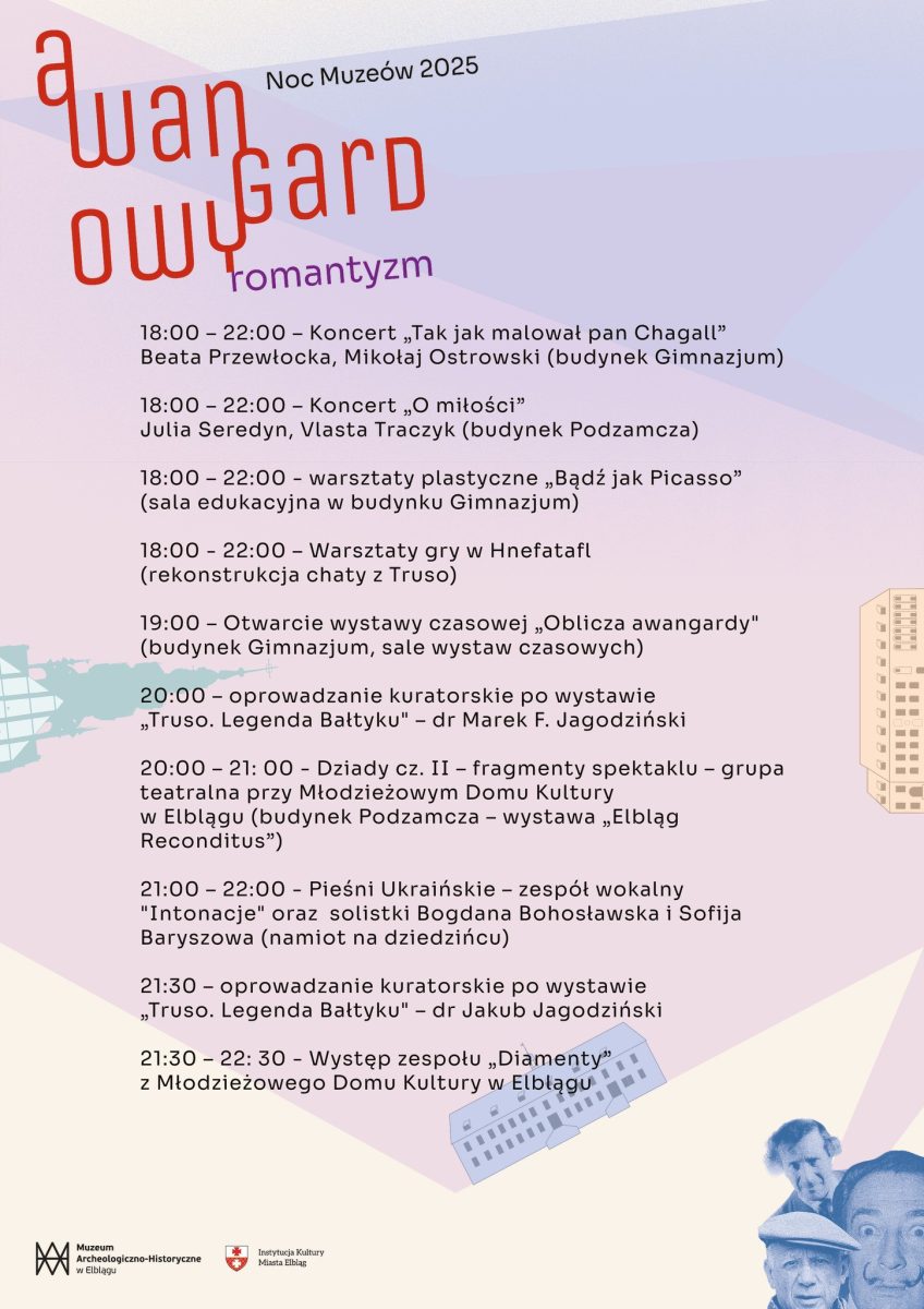 Plakat zapraszający w sobotę 17 maja 2025 r. do Elbląga na Noc Muzeów w Muzeum Archeologiczno-Historycznym Elbląg 2025. 