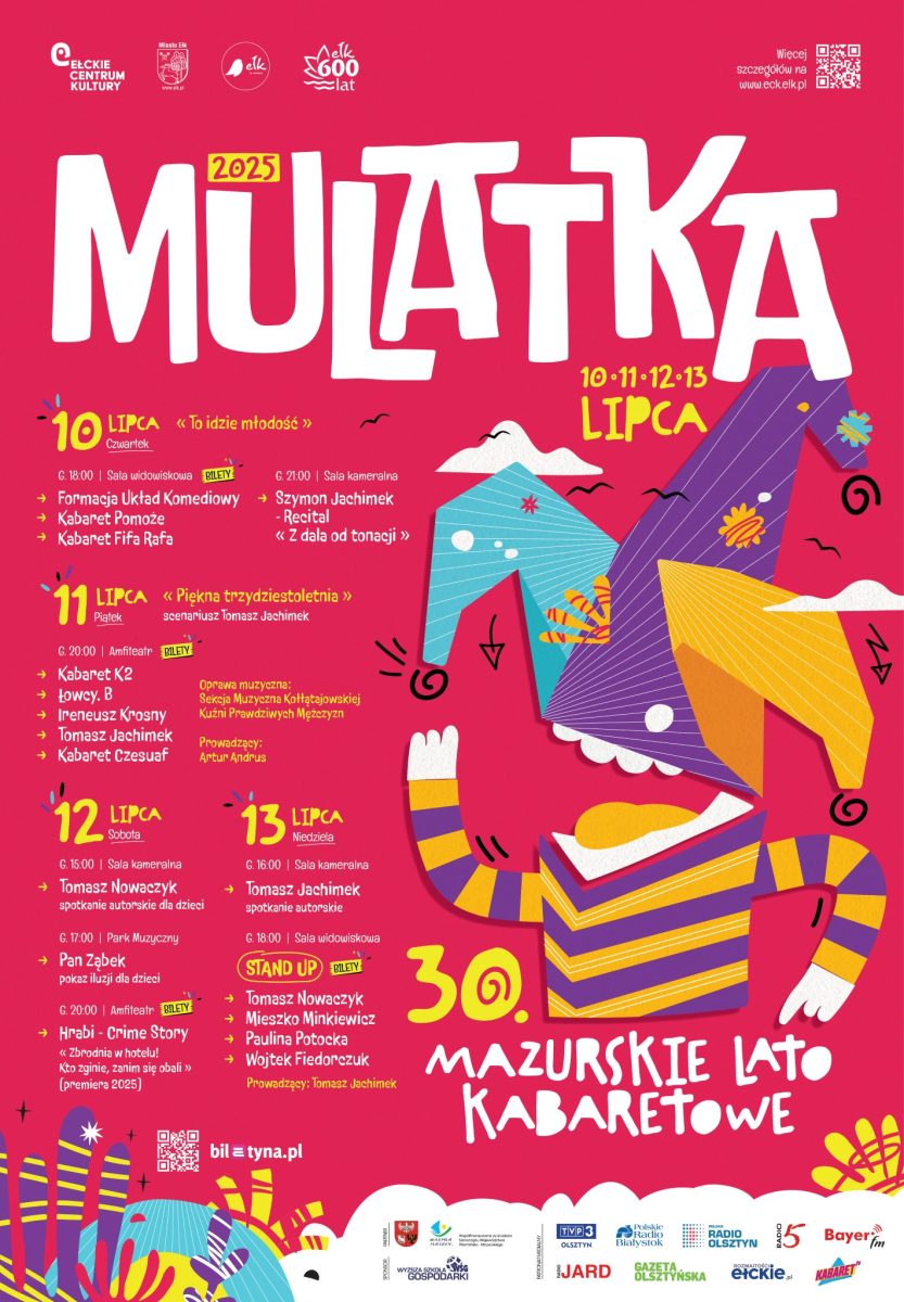 Plakat zapraszający w dniach 10-13 lipca 2025 r. do Ełku na 30. edycję Mazurskiego Lata Kabaretowego Mulatka Ełk 2025.