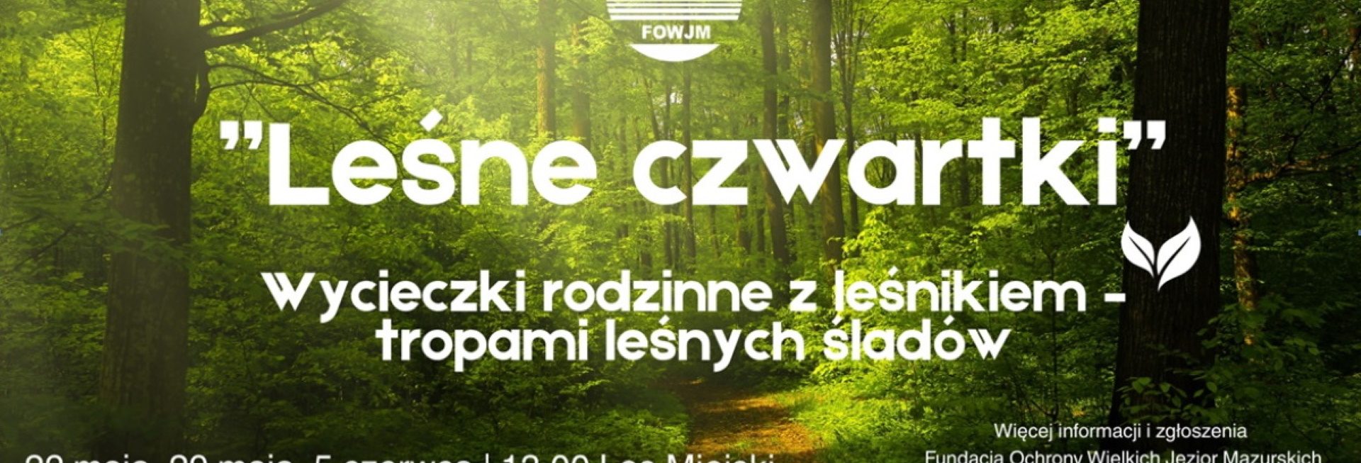 Plakat zapraszający do miejscowości Gajewo k. Giżycka na “Leśne czwartki” Wycieczki rodzinne z leśnikiem – tropami leśnych śladów Gajewo 2025.