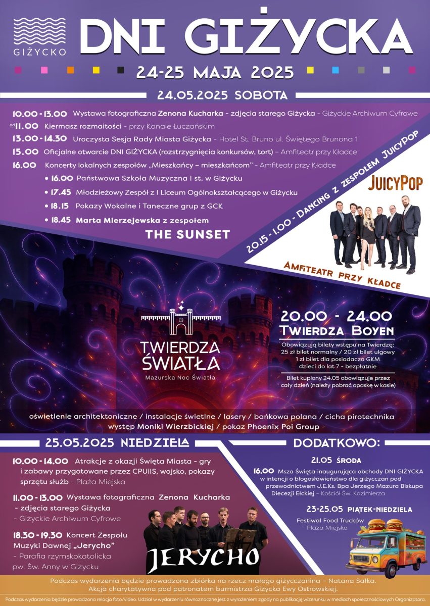 Plakat zapraszający w dniach 24-25 maja 2025 r. do Giżycka na Dni Giżycka 2025. 