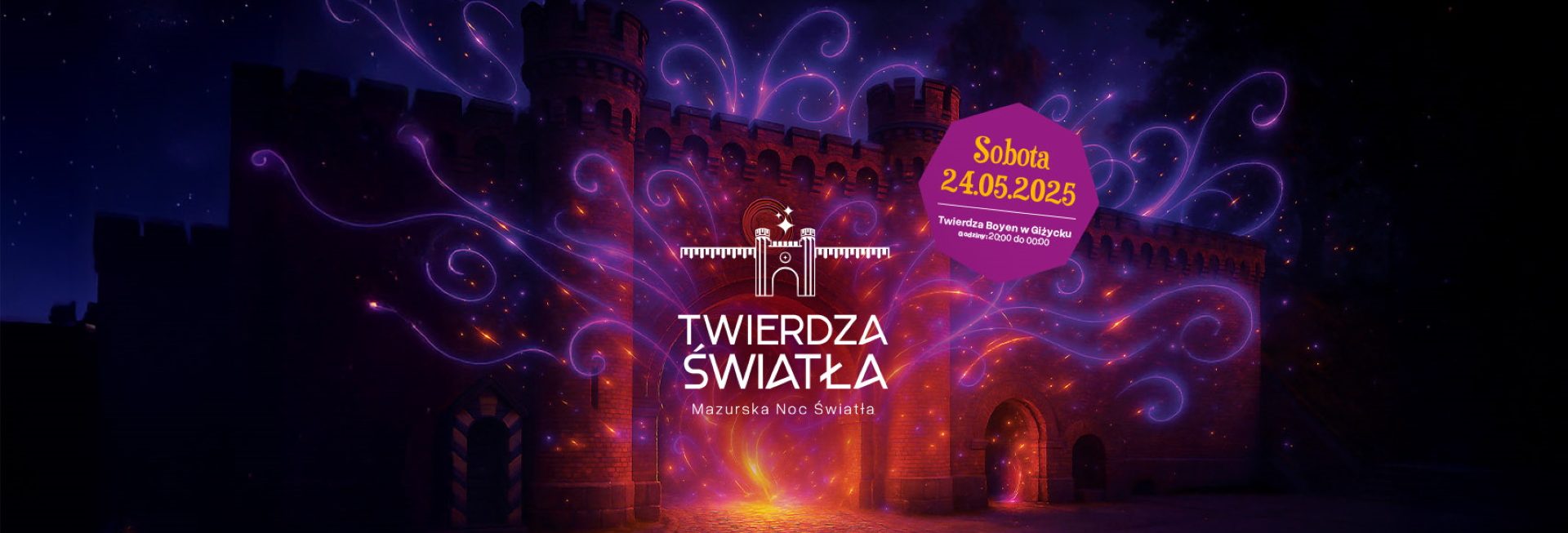 Plakat zapraszający w sobotę 24 maja 2025 r. do Giżycka na Twierdzę Światła Giżycko 2025.