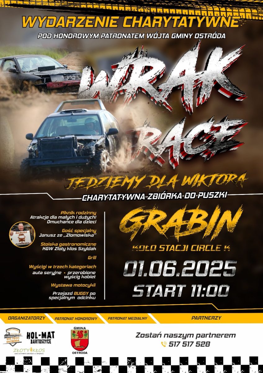Plakat zapraszający w niedzielę 1 czerwca 2025 r. do miejscowości Grabin koło Ostródy na Piknik Wrak Race Grabin k. Ostródy 2025.