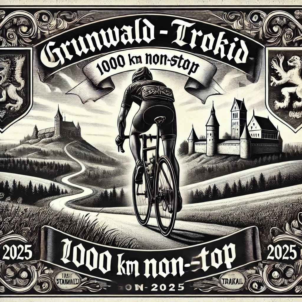 Plakat zapraszający w dniach 11-14 lipca 2025 r. do Grunwaldu na Ultramaraton Grunwald - Troku - Grunwald 2025, 1000 km non stop.