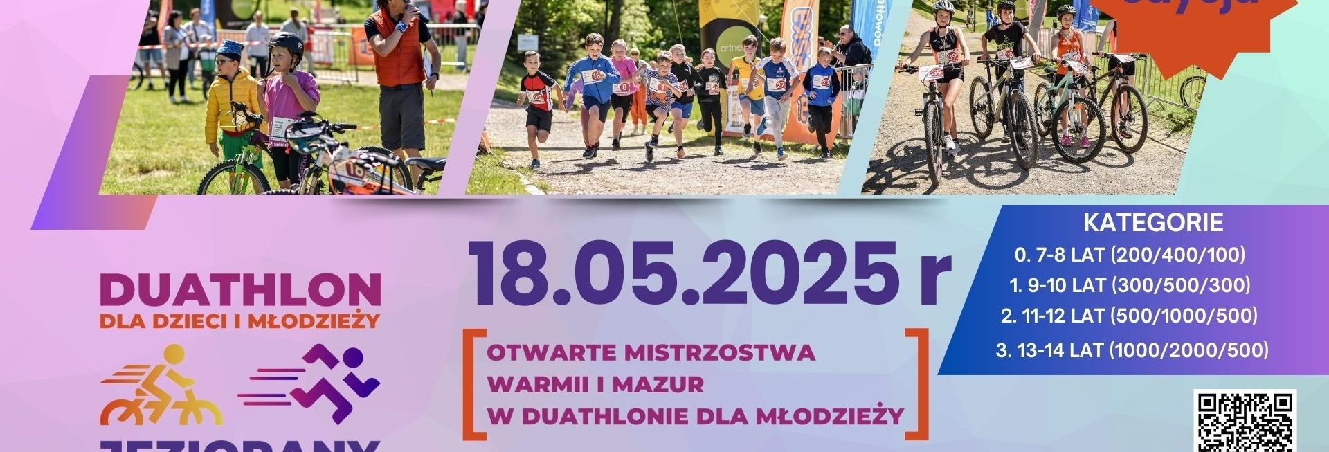 Plakat zapraszający w niedzielę 18 maja 2025 r. do Jezioran na 4. edycję Mistrzostw Warmii i Mazur w Duathlonie dla dzieci i młodzieży Jeziorany 2025.