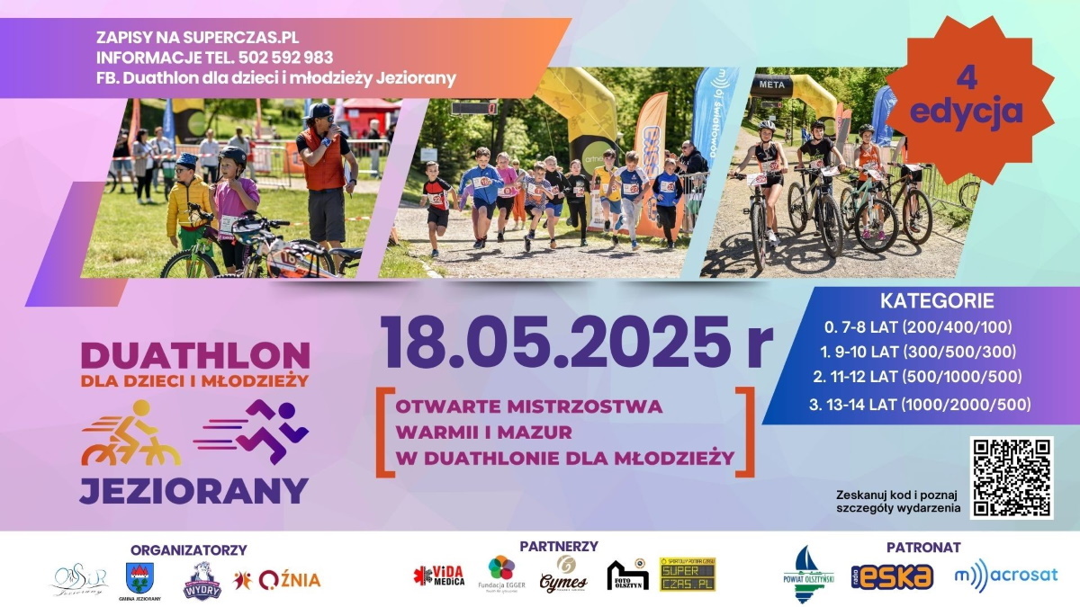 Plakat zapraszający w niedzielę 18 maja 2025 r. do Jezioran na 4. edycję Mistrzostw Warmii i Mazur w Duathlonie dla dzieci i młodzieży Jeziorany 2025.
