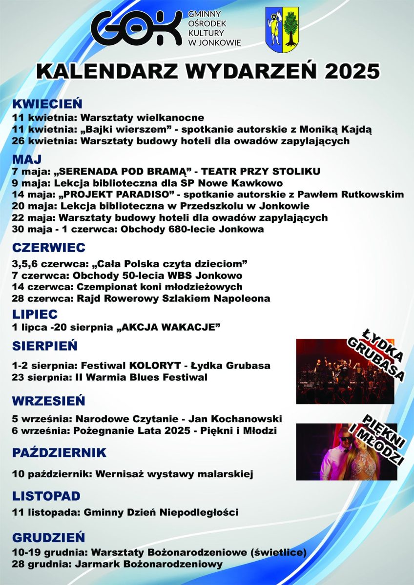 Kalendarz wydarzeń w gminie Jonkowo na rok 2025. 