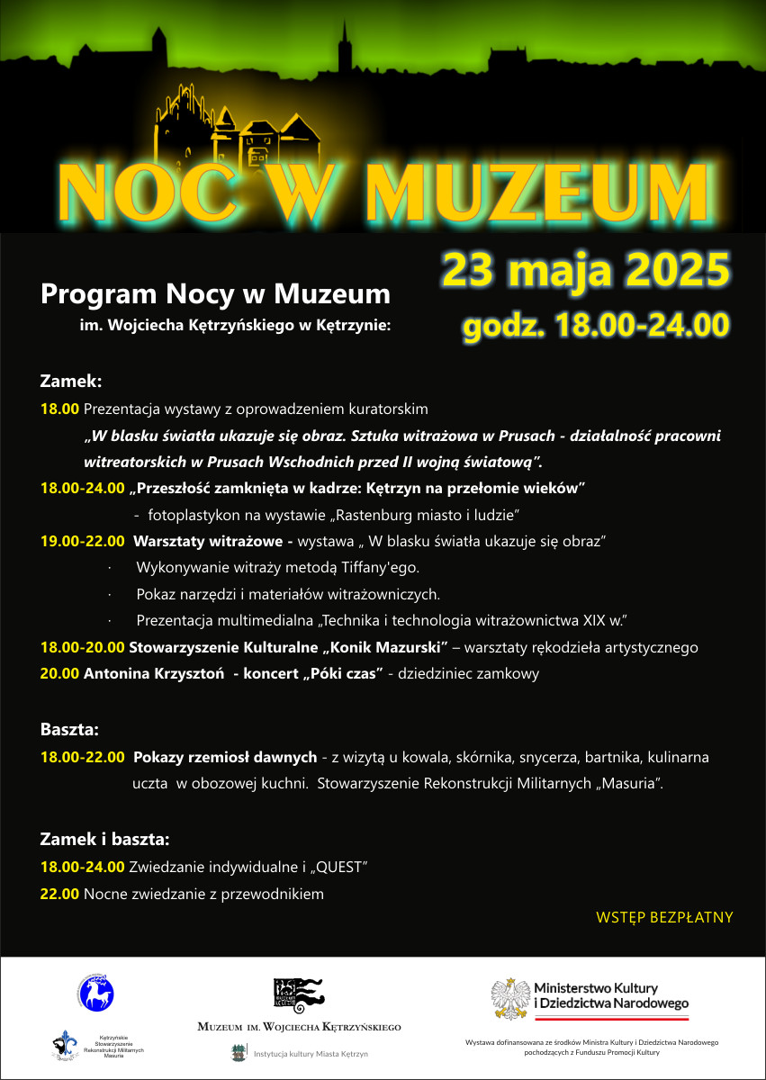 Plakat zapraszający w piątek 23 maja 2025 r. do Kętrzyna na Noc w Muzeum Kętrzyn 2025.