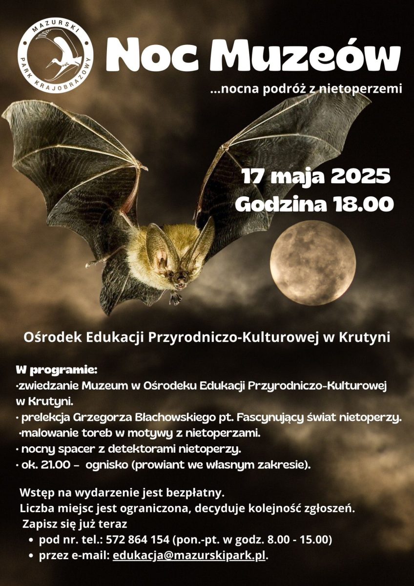 Plakat zapraszający w sobotę 17 maja 2025 r. do Krutyni na Noc Muzeów w Ośrodku Edukacji Przyrodniczo-Kulturalnej Krutyń 2025.