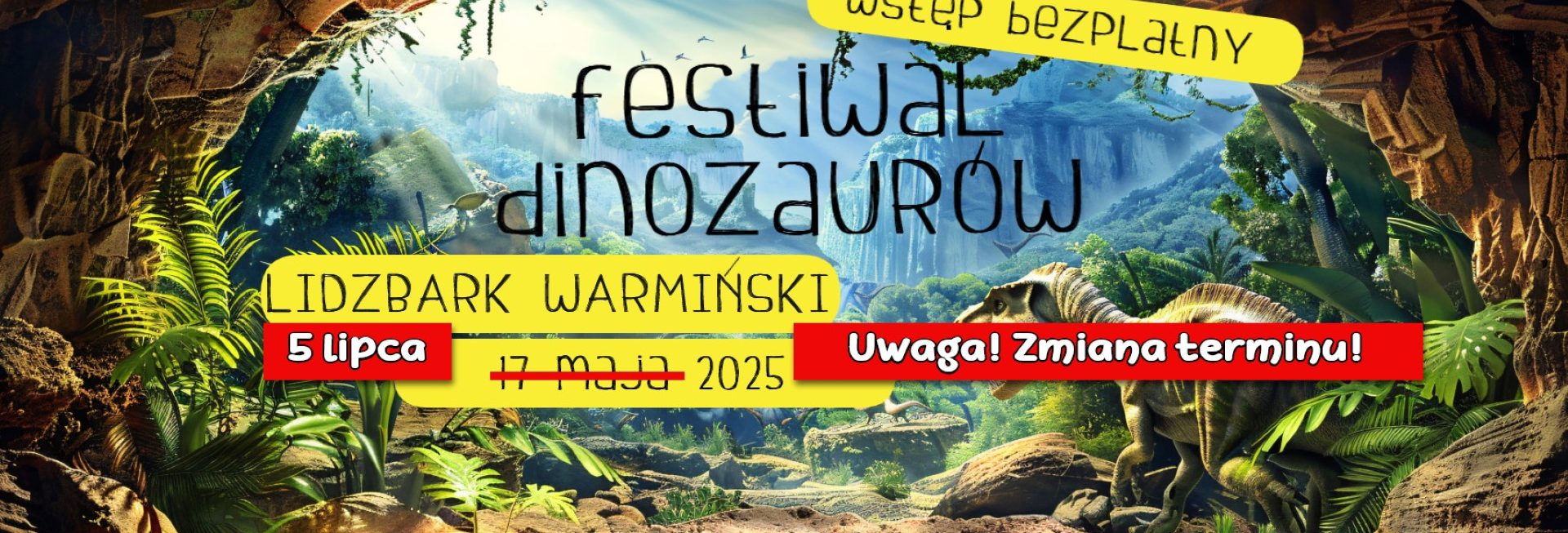 Plakat zapraszający w sobotę 5 lipca 2025 r. do Lidzbarka Warmińskiego na Festiwal Dinozaurów Lidzbark Warmiński 2025