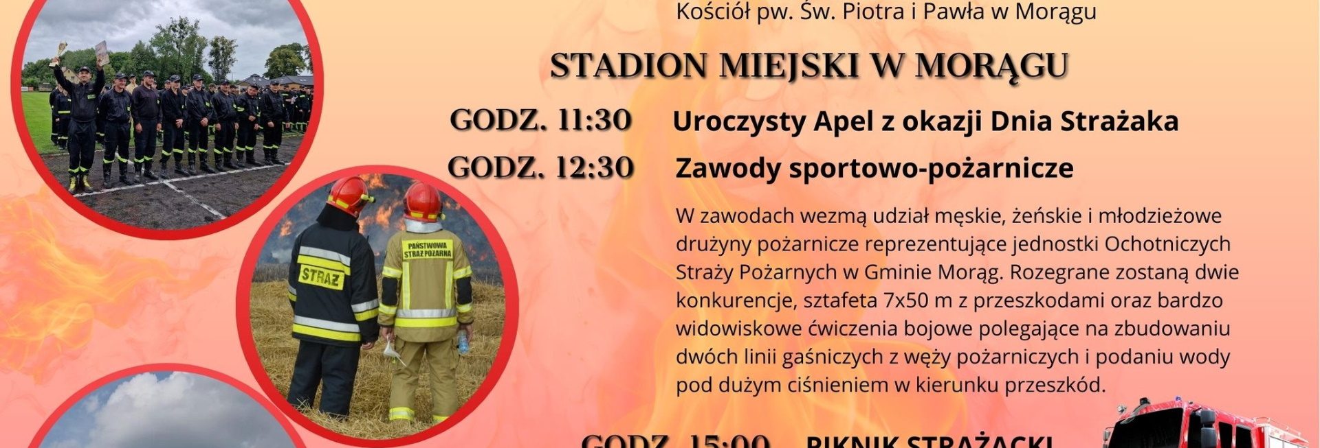 Plakat zapraszający w sobotę 14 czerwca 2025 r. do Morąga na Gminne Obchody Dnia Strażaka & Gminne Zawody Sportowo-Pożarnicze Morąg 2025.