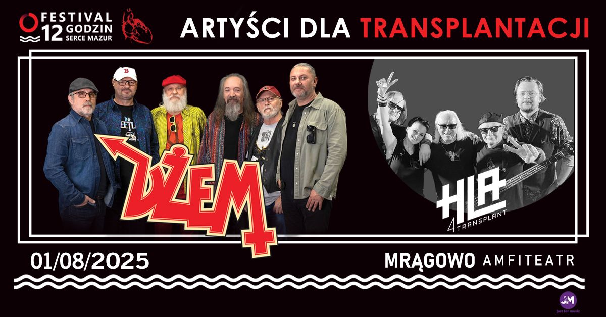Plakat zapraszający w piątek 1 sierpnia 2025 r. do Mrągowa na Festiwal 12 Godzin Serce Mazur Mrągowo 2025. 