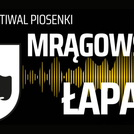 Plakat zapraszający w dniach 14-15 czerwca 2025 r. do Mrągowa na Festiwal Piosenki Harcerskiej, Turystycznej i Szantowej Mrągowska Łapa 2025.