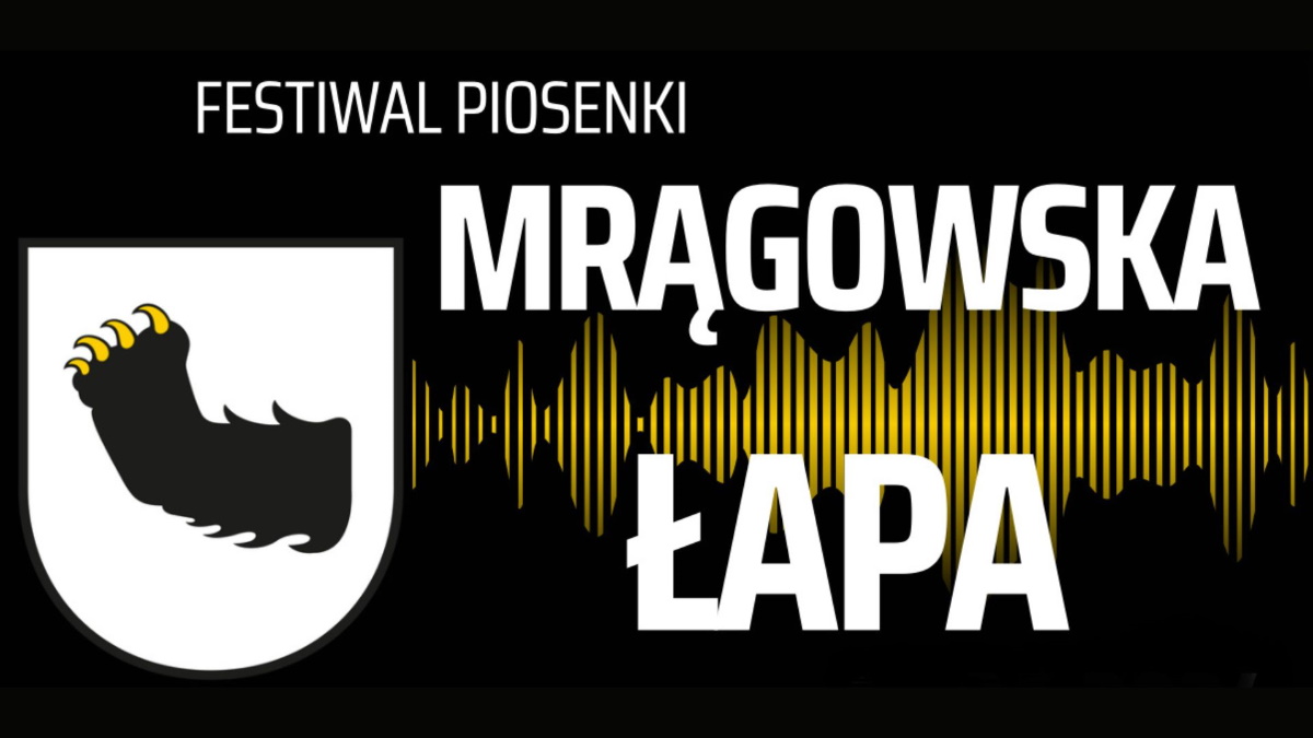 Plakat zapraszający w dniach 14-15 czerwca 2025 r. do Mrągowa na Festiwal Piosenki Harcerskiej, Turystycznej i Szantowej Mrągowska Łapa 2025.