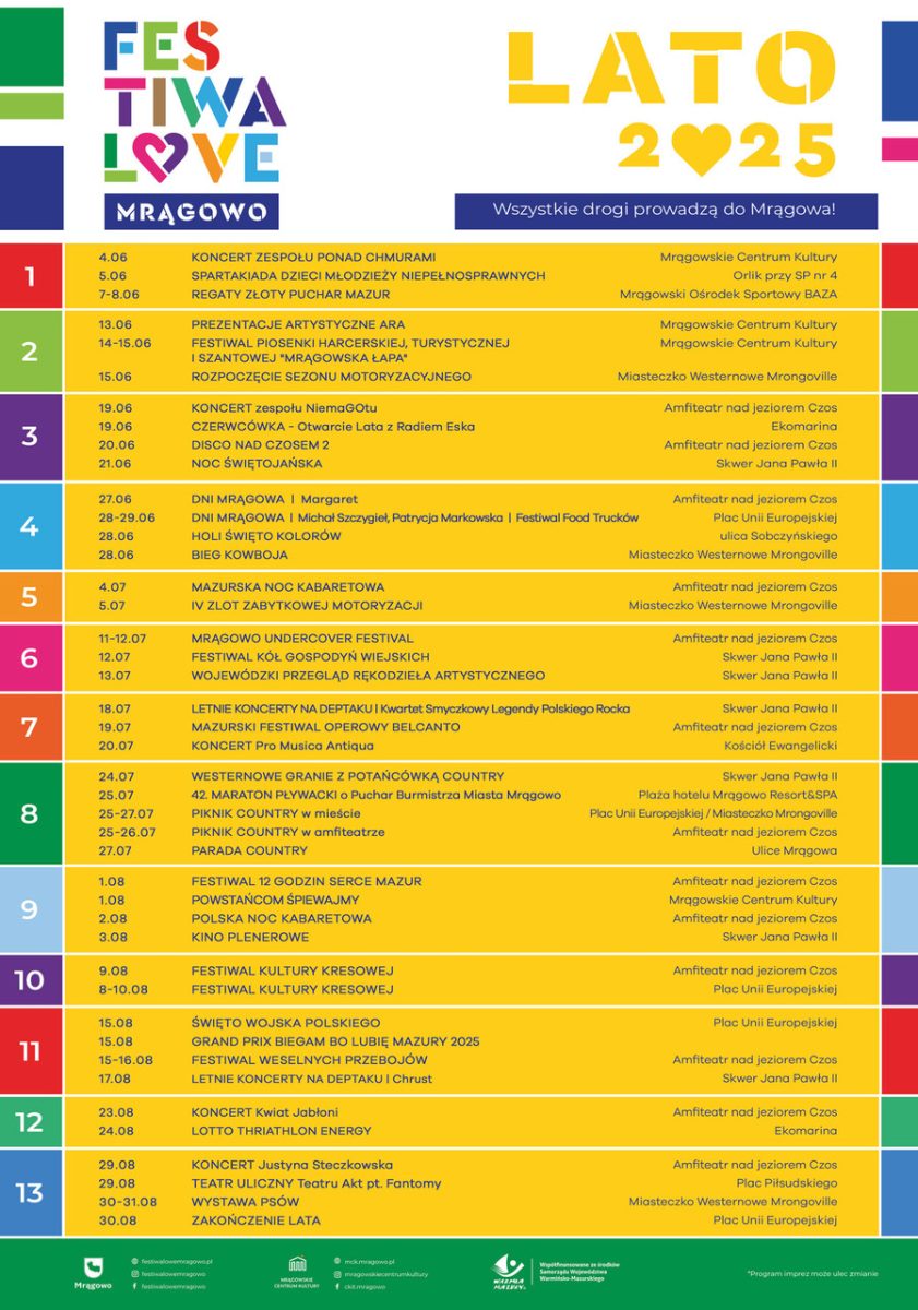 Plakat Mrągowo Festiwalowe Mrągowo 2025 Kalendarz imprez na lato 2025 w Mrągowie.