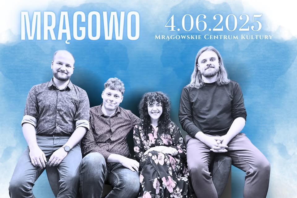 Plakat zapraszający w środę 4 czerwca 2025 r. do Mrągowa na koncert zespołu Ponad Chmurami "Bujający w obłokach" Mrągowo 2025. 