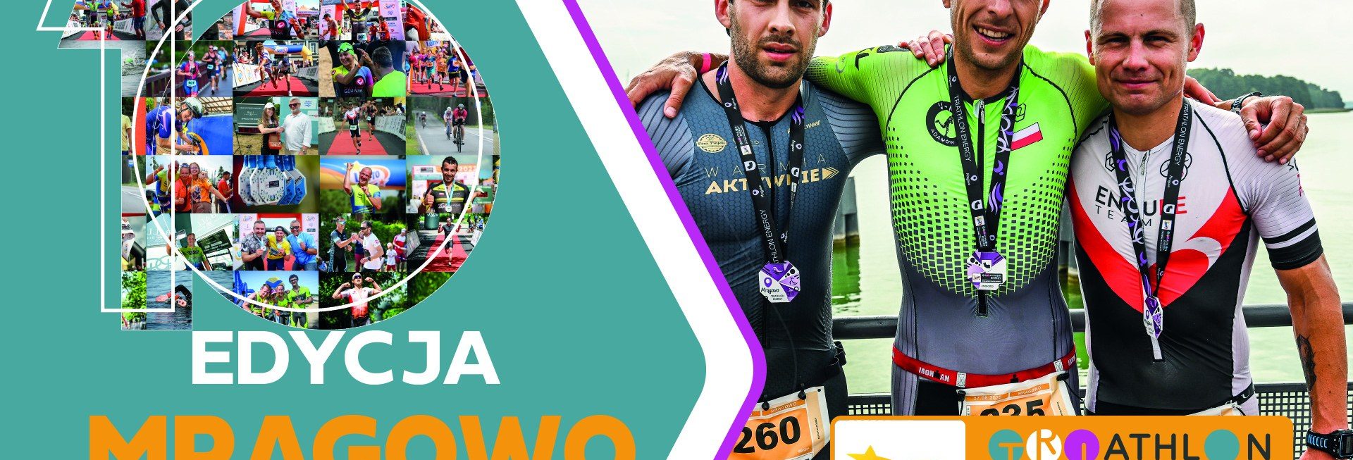 Plakat zapraszający w niedzielę 24 sierpnia 2025 r. do Mrągowa na LOTTO Triathlon Energy Mrągowo 2025.