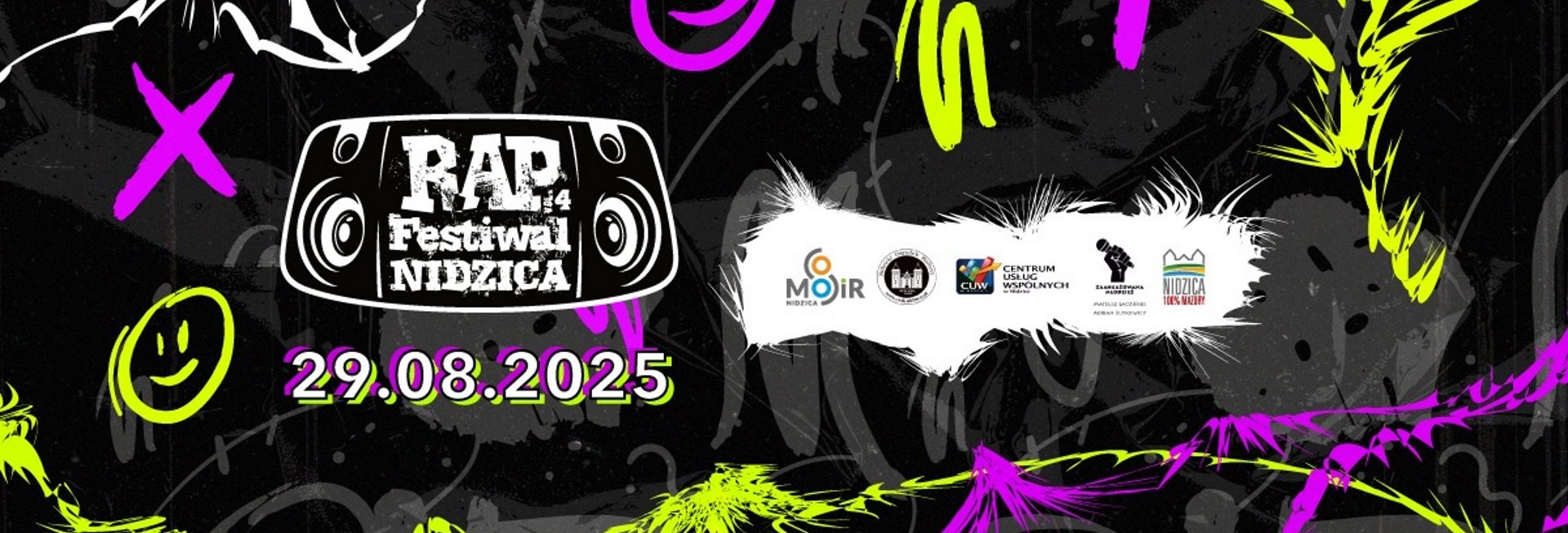 Plakat zapraszający w piątek 29 sierpnia 2025 r. do Nidzicy na Rap Festival Nidzica 2025.