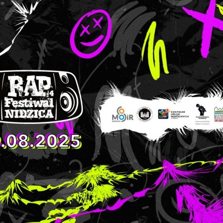 Plakat zapraszający w piątek 29 sierpnia 2025 r. do Nidzicy na Rap Festival Nidzica 2025.