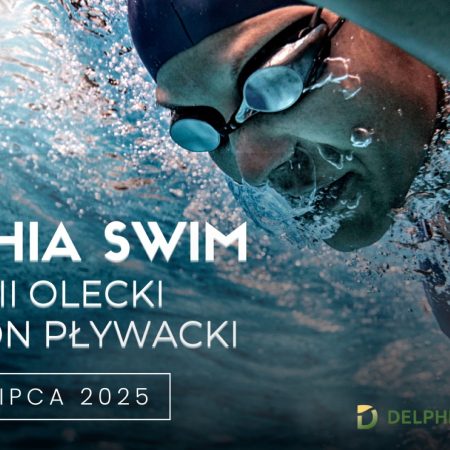 Plakat zapraszający w sobotę 26 lipca 2025 r. do Olecka na 33. edycję Delphia Swim Olecki Maraton Pływacki Olecko 2025.