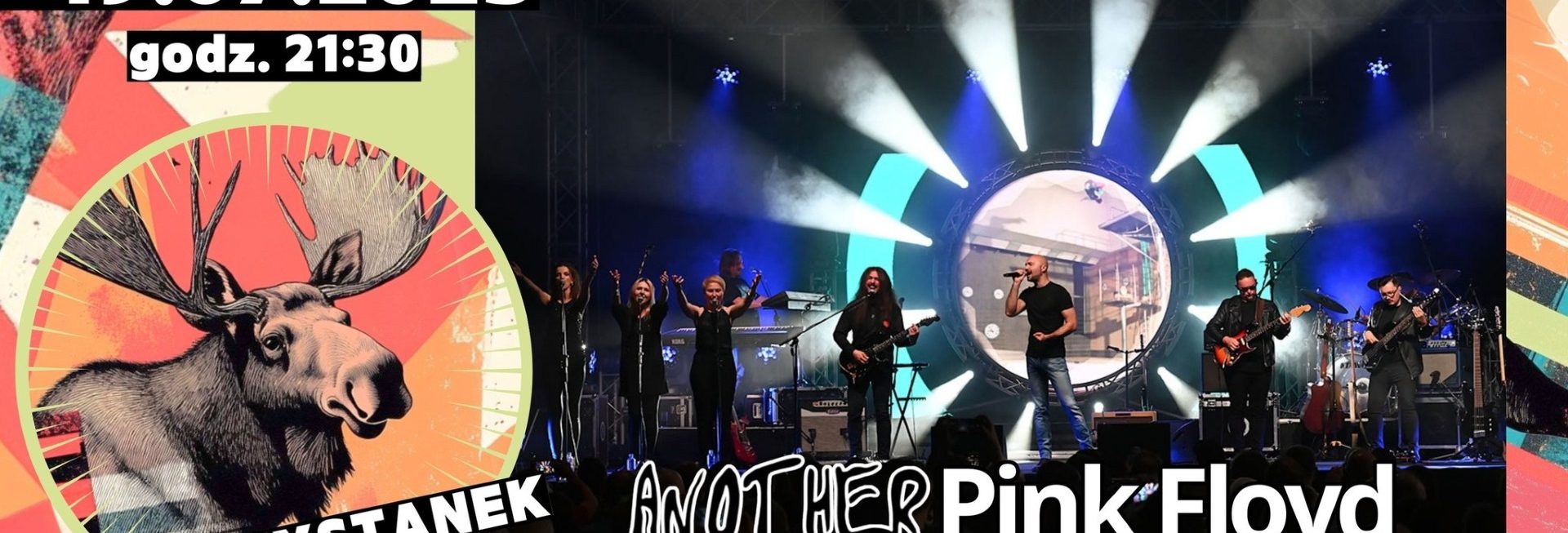 Plakat zapraszający w sobotę 19 lipca 2025 r. do Olecka na koncert Another Pink Floyd! 32. Przystanek Olecko 2025.