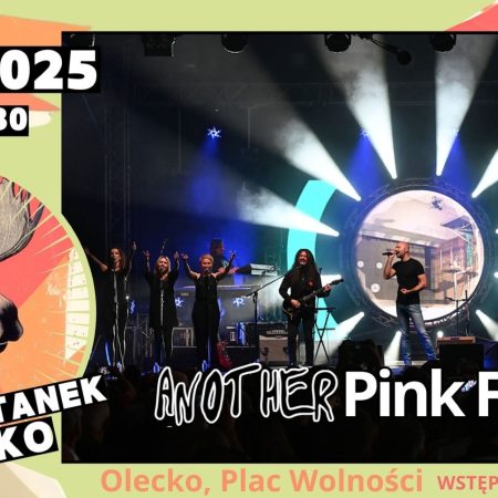 Plakat zapraszający w sobotę 19 lipca 2025 r. do Olecka na koncert Another Pink Floyd! 32. Przystanek Olecko 2025.