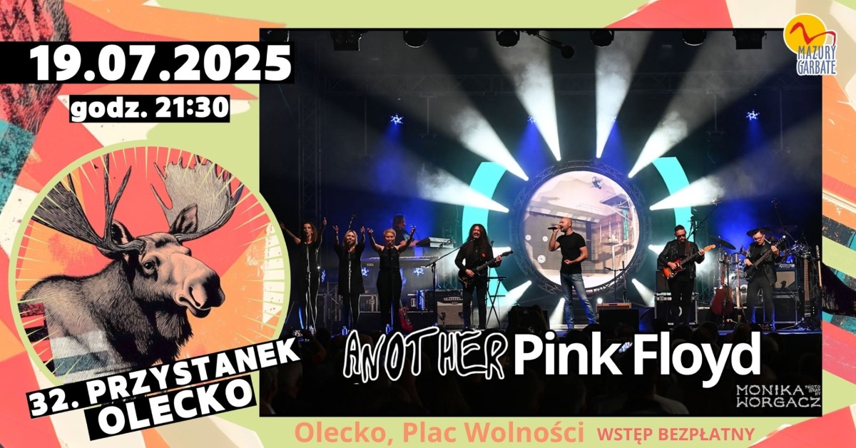 Plakat zapraszający w sobotę 19 lipca 2025 r. do Olecka na koncert Another Pink Floyd! 32. Przystanek Olecko 2025.
