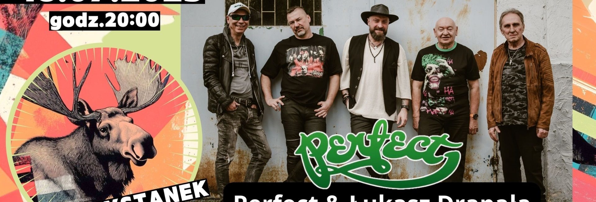 Plakat zapraszający w piątek 18 lipca 2025 r. do Olecka na koncert zespołu Perfect & Łukasz Drapała na 32. Przystanku Olecko 2025