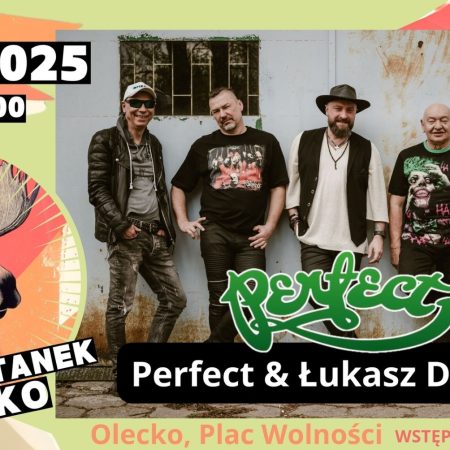 Plakat zapraszający w piątek 18 lipca 2025 r. do Olecka na koncert zespołu Perfect & Łukasz Drapała na 32. Przystanku Olecko 2025
